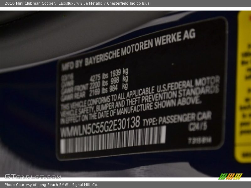 Lapisluxury Blue Metallic / Chesterfield Indigo Blue 2016 Mini Clubman Cooper