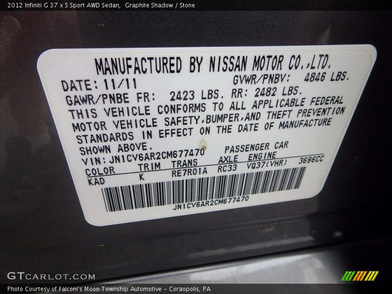 Graphite Shadow / Stone 2012 Infiniti G 37 x S Sport AWD Sedan