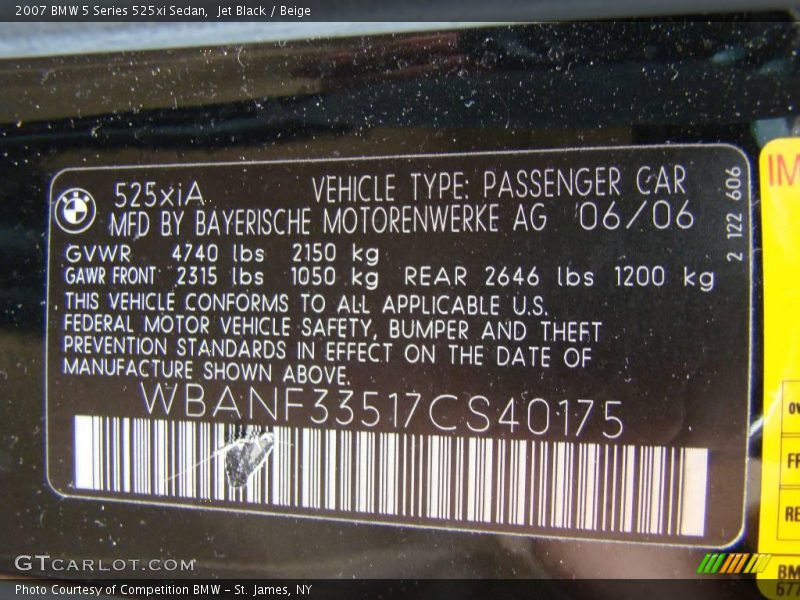 Jet Black / Beige 2007 BMW 5 Series 525xi Sedan