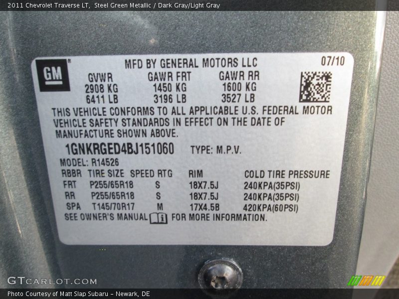 Steel Green Metallic / Dark Gray/Light Gray 2011 Chevrolet Traverse LT