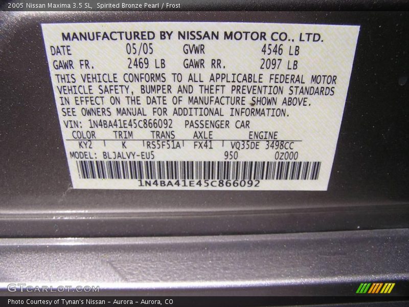 Spirited Bronze Pearl / Frost 2005 Nissan Maxima 3.5 SL