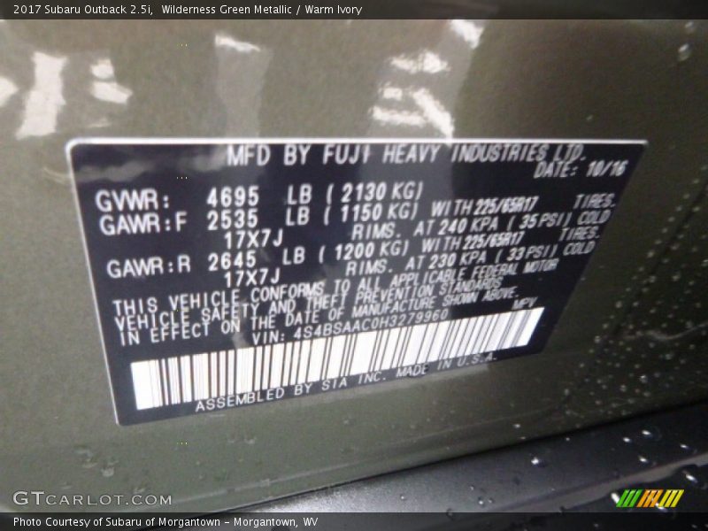 Wilderness Green Metallic / Warm Ivory 2017 Subaru Outback 2.5i