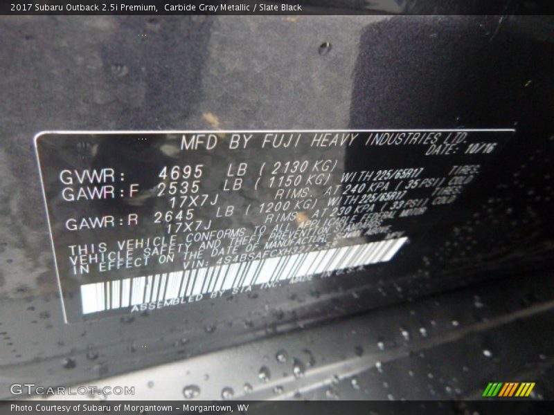 Carbide Gray Metallic / Slate Black 2017 Subaru Outback 2.5i Premium