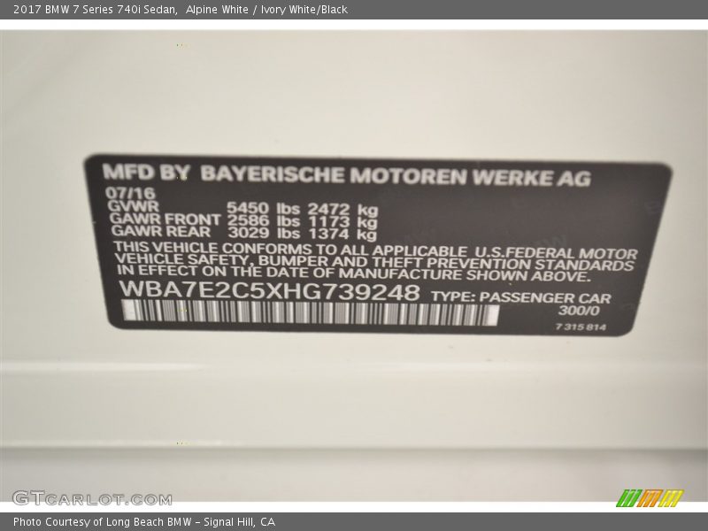 2017 7 Series 740i Sedan Alpine White Color Code 300