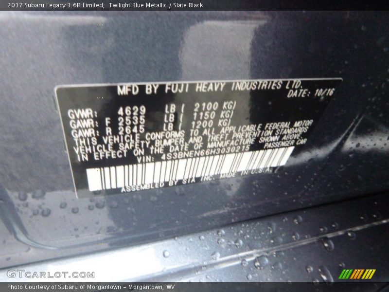 Twilight Blue Metallic / Slate Black 2017 Subaru Legacy 3.6R Limited