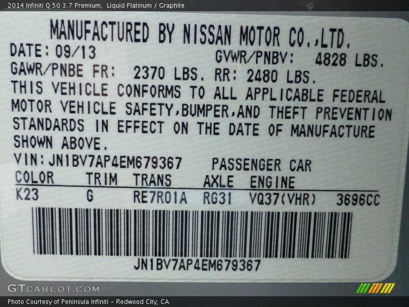 Liquid Platinum / Graphite 2014 Infiniti Q 50 3.7 Premium