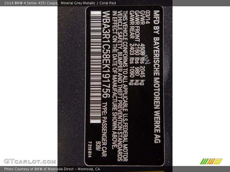 Mineral Grey Metallic / Coral Red 2014 BMW 4 Series 435i Coupe