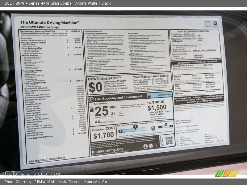  2017 4 Series 440i Gran Coupe Window Sticker