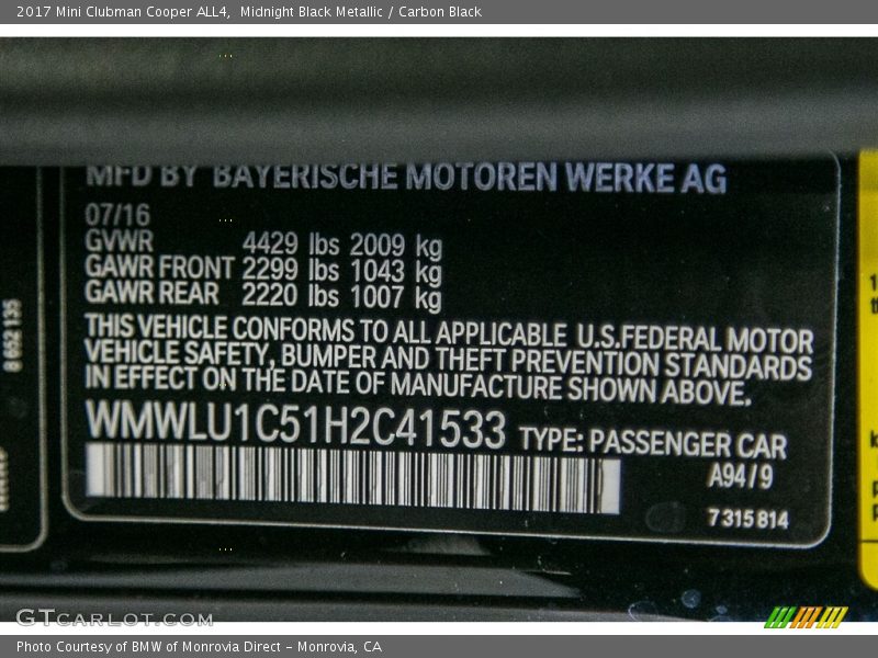 Midnight Black Metallic / Carbon Black 2017 Mini Clubman Cooper ALL4