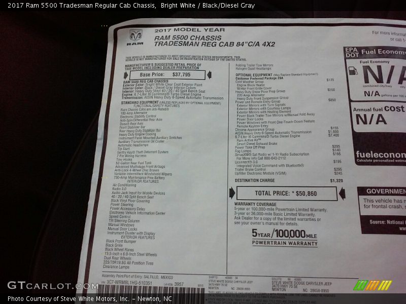  2017 5500 Tradesman Regular Cab Chassis Window Sticker