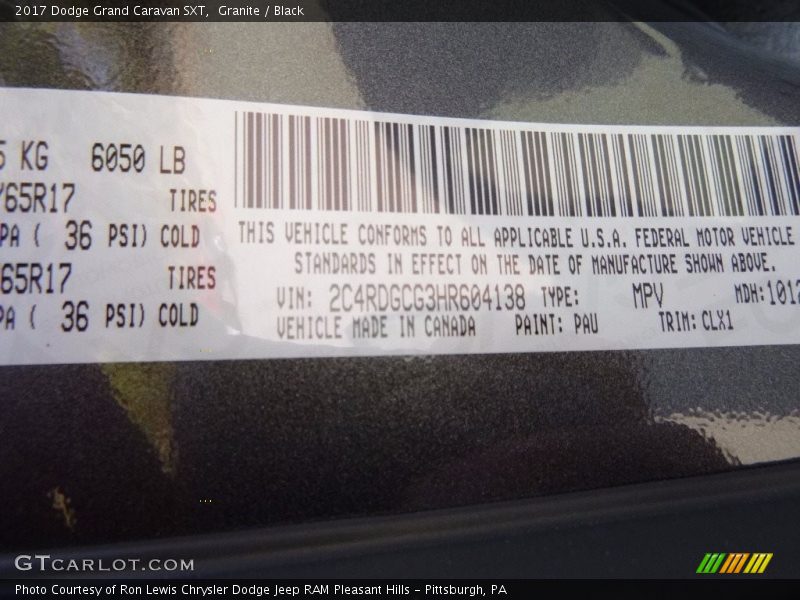 2017 Grand Caravan SXT Granite Color Code PAU