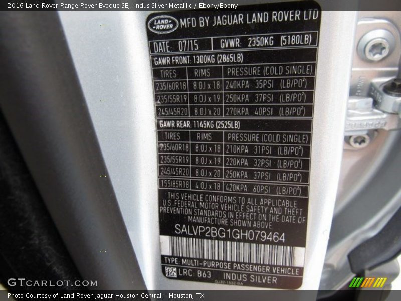 Indus Silver Metalllic / Ebony/Ebony 2016 Land Rover Range Rover Evoque SE