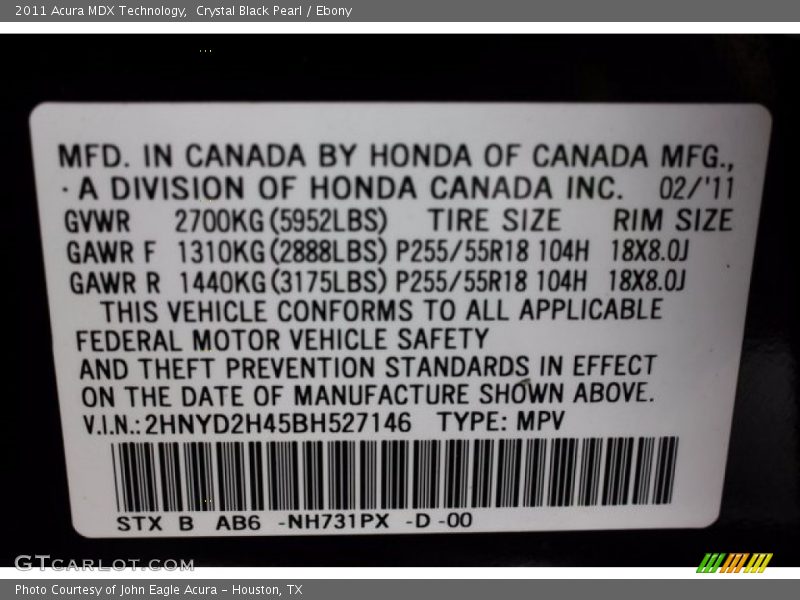 Crystal Black Pearl / Ebony 2011 Acura MDX Technology
