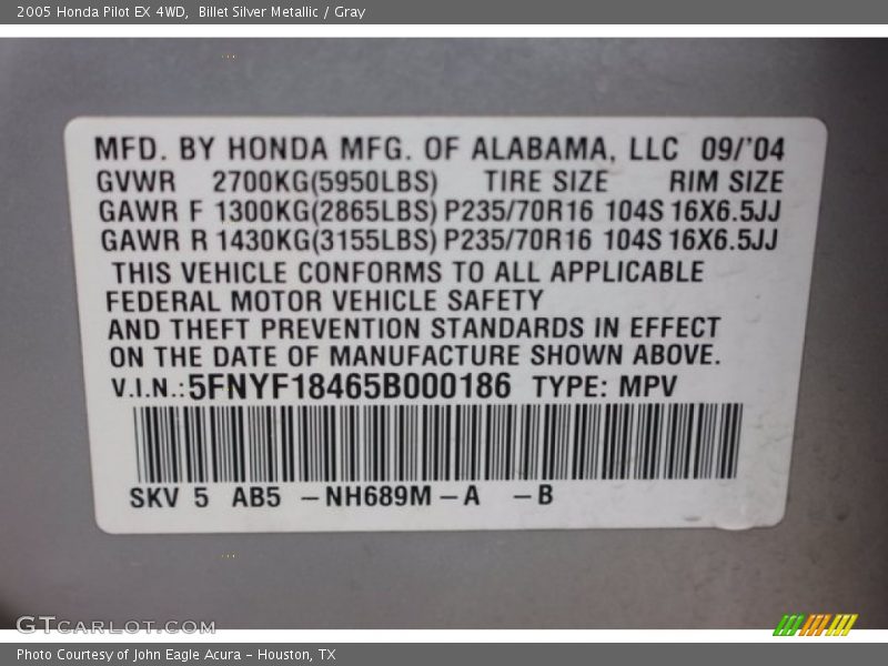 Billet Silver Metallic / Gray 2005 Honda Pilot EX 4WD