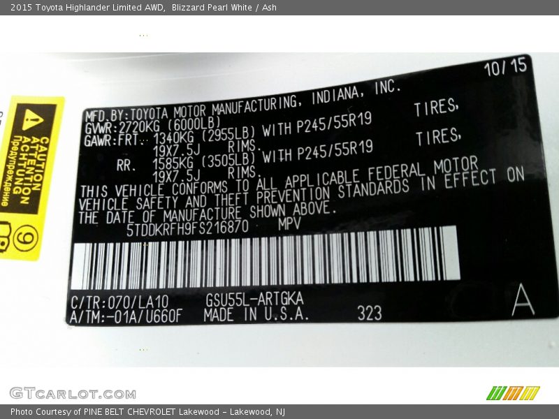 Blizzard Pearl White / Ash 2015 Toyota Highlander Limited AWD