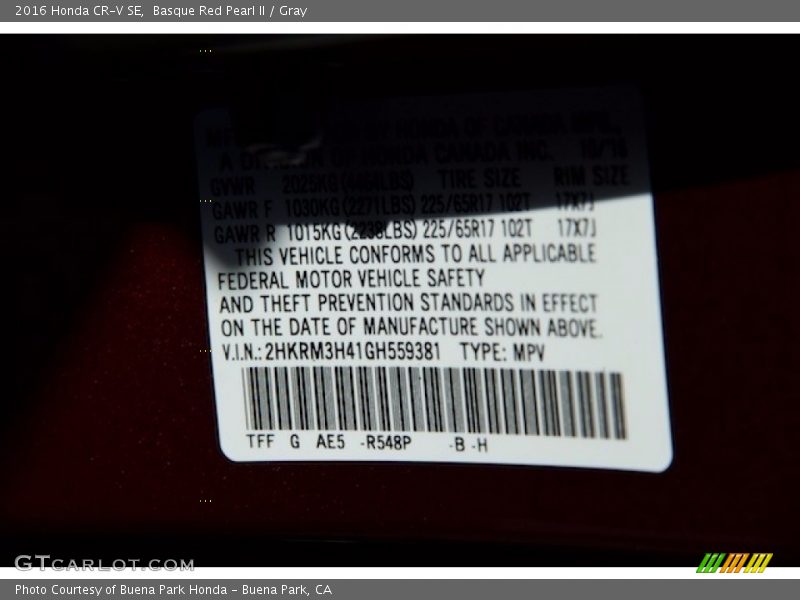 Basque Red Pearl II / Gray 2016 Honda CR-V SE