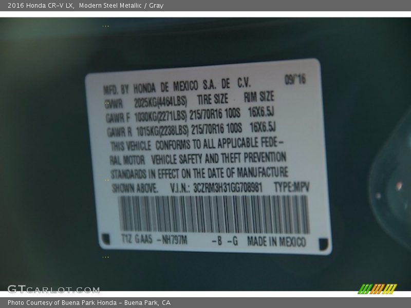 Modern Steel Metallic / Gray 2016 Honda CR-V LX