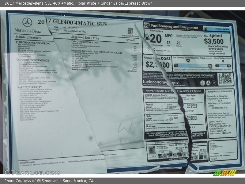  2017 GLE 400 4Matic Window Sticker