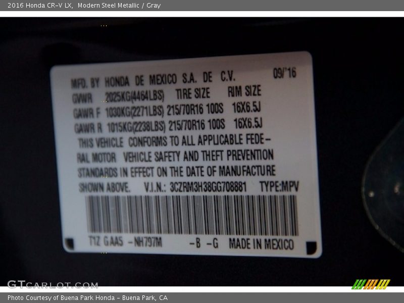 Modern Steel Metallic / Gray 2016 Honda CR-V LX