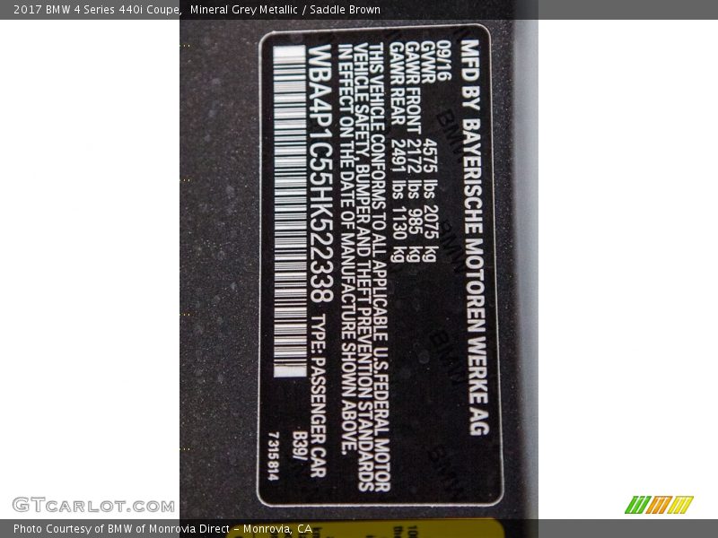 2017 4 Series 440i Coupe Mineral Grey Metallic Color Code B39