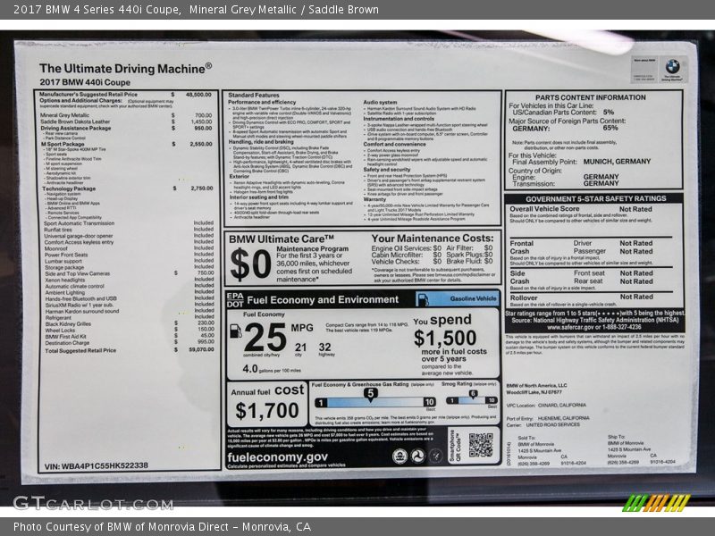  2017 4 Series 440i Coupe Window Sticker