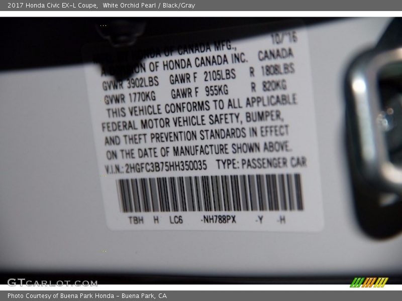 2017 Civic EX-L Coupe White Orchid Pearl Color Code NH788PX