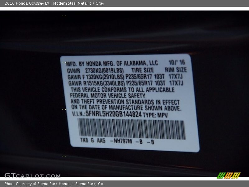 Modern Steel Metallic / Gray 2016 Honda Odyssey LX
