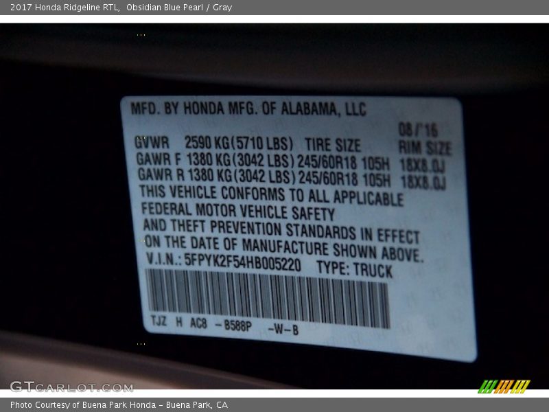 Obsidian Blue Pearl / Gray 2017 Honda Ridgeline RTL