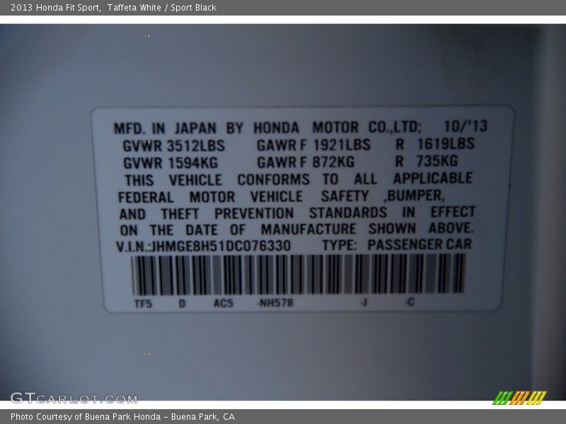 Taffeta White / Sport Black 2013 Honda Fit Sport