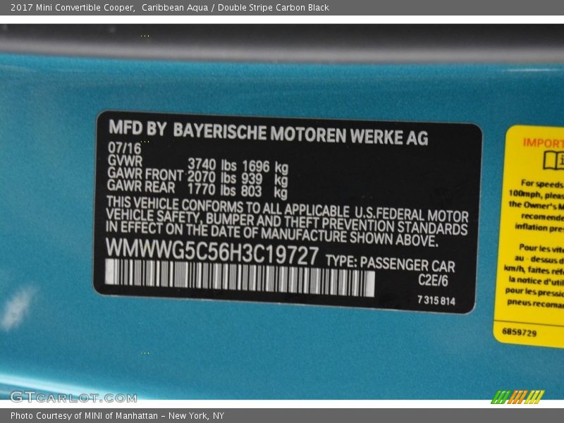 Caribbean Aqua / Double Stripe Carbon Black 2017 Mini Convertible Cooper