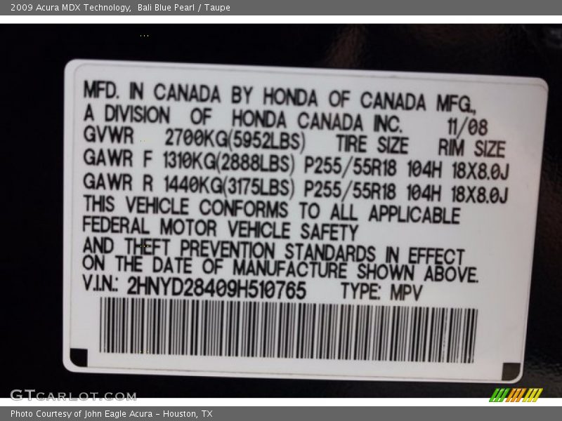 Bali Blue Pearl / Taupe 2009 Acura MDX Technology