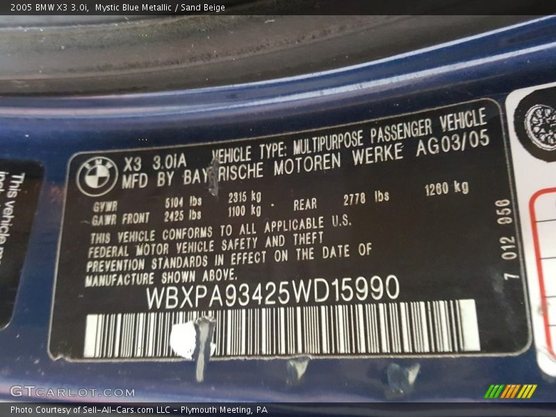 Mystic Blue Metallic / Sand Beige 2005 BMW X3 3.0i