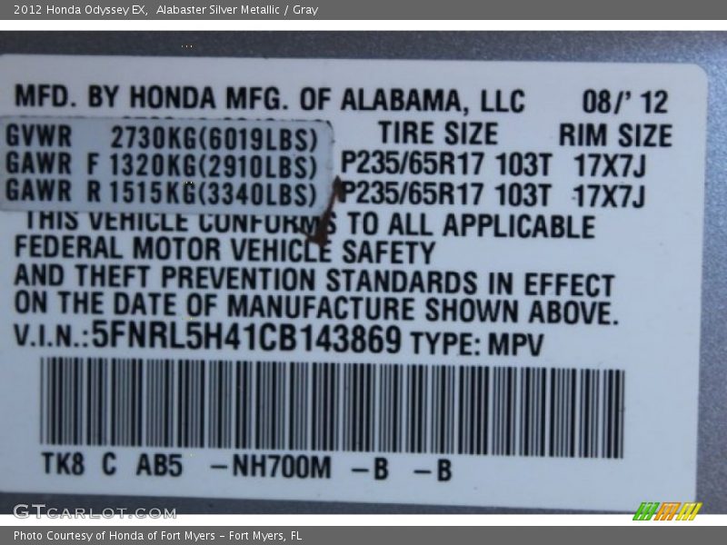 Alabaster Silver Metallic / Gray 2012 Honda Odyssey EX