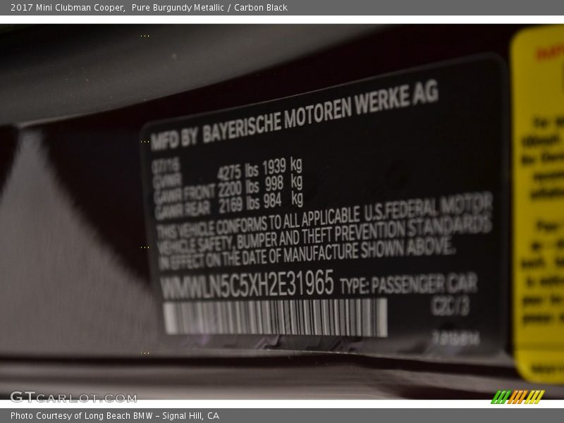 Pure Burgundy Metallic / Carbon Black 2017 Mini Clubman Cooper