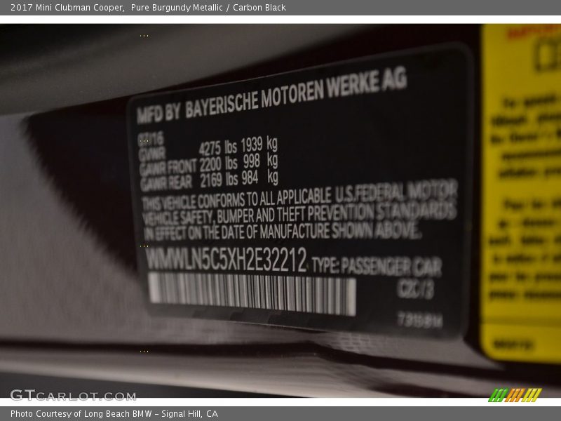 Pure Burgundy Metallic / Carbon Black 2017 Mini Clubman Cooper
