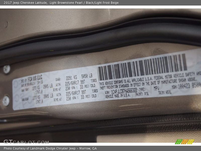 2017 Cherokee Latitude Light Brownstone Pearl Color Code PT6