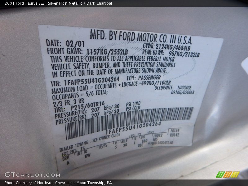 Silver Frost Metallic / Dark Charcoal 2001 Ford Taurus SES