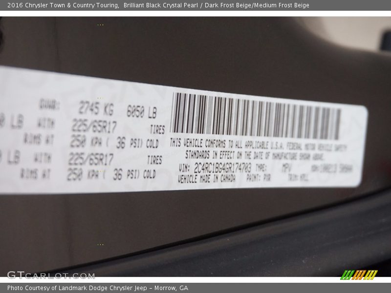 Brilliant Black Crystal Pearl / Dark Frost Beige/Medium Frost Beige 2016 Chrysler Town & Country Touring