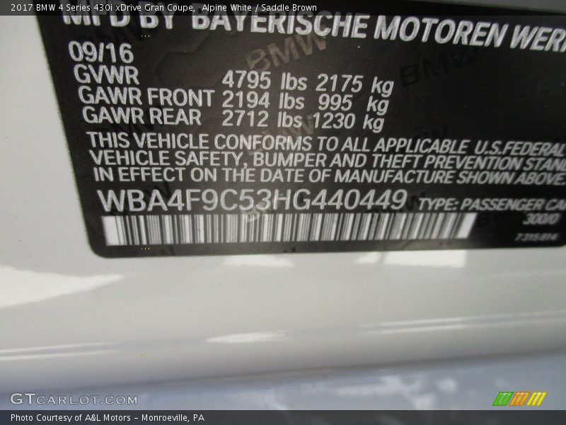 Alpine White / Saddle Brown 2017 BMW 4 Series 430i xDrive Gran Coupe