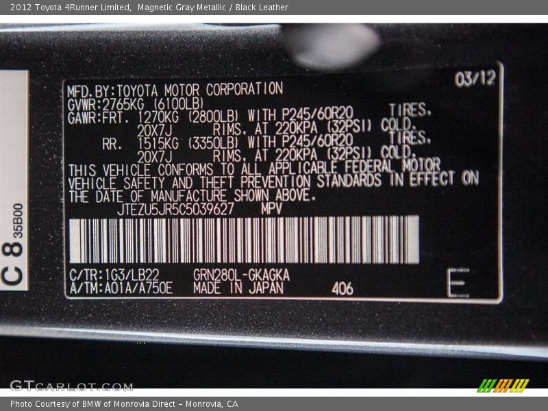 Magnetic Gray Metallic / Black Leather 2012 Toyota 4Runner Limited