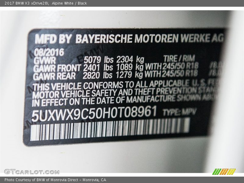 Alpine White / Black 2017 BMW X3 xDrive28i