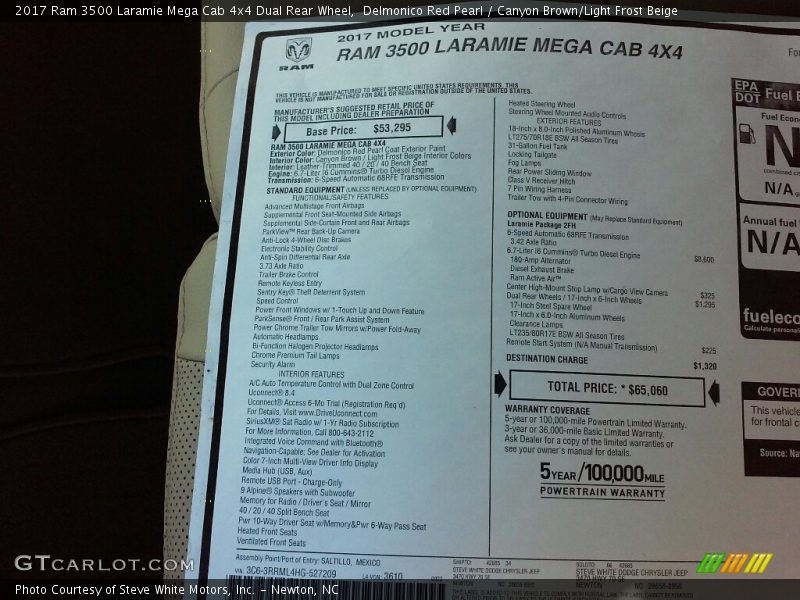  2017 3500 Laramie Mega Cab 4x4 Dual Rear Wheel Window Sticker