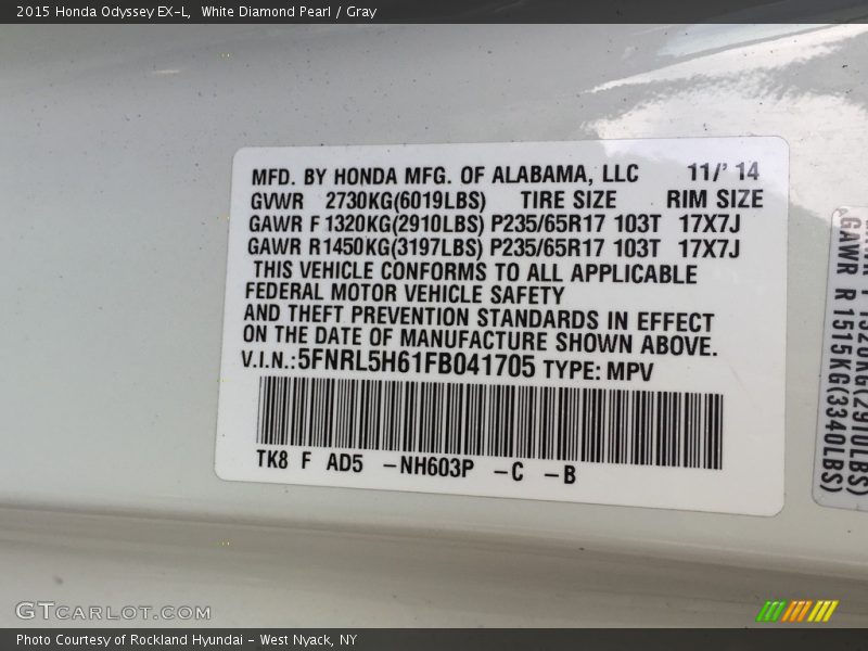 White Diamond Pearl / Gray 2015 Honda Odyssey EX-L