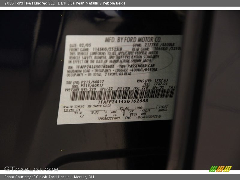 Dark Blue Pearl Metallic / Pebble Beige 2005 Ford Five Hundred SEL