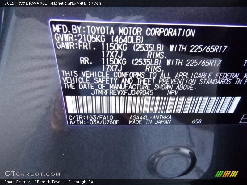 Magnetic Gray Metallic / Ash 2015 Toyota RAV4 XLE