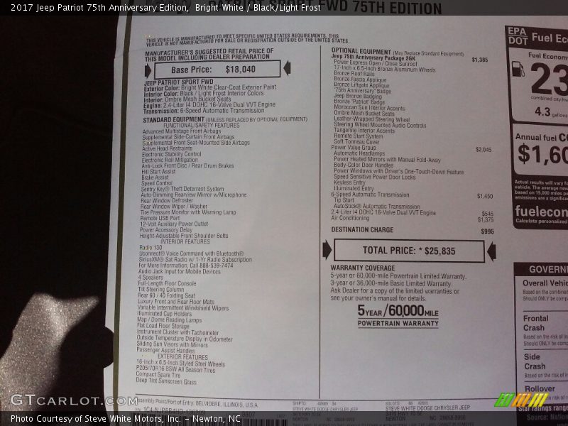 Bright White / Black/Light Frost 2017 Jeep Patriot 75th Anniversary Edition