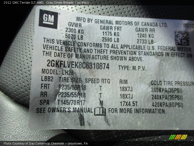 Gray Green Metallic / Jet Black 2012 GMC Terrain SLT AWD
