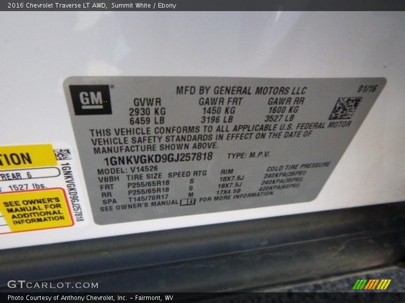 Summit White / Ebony 2016 Chevrolet Traverse LT AWD