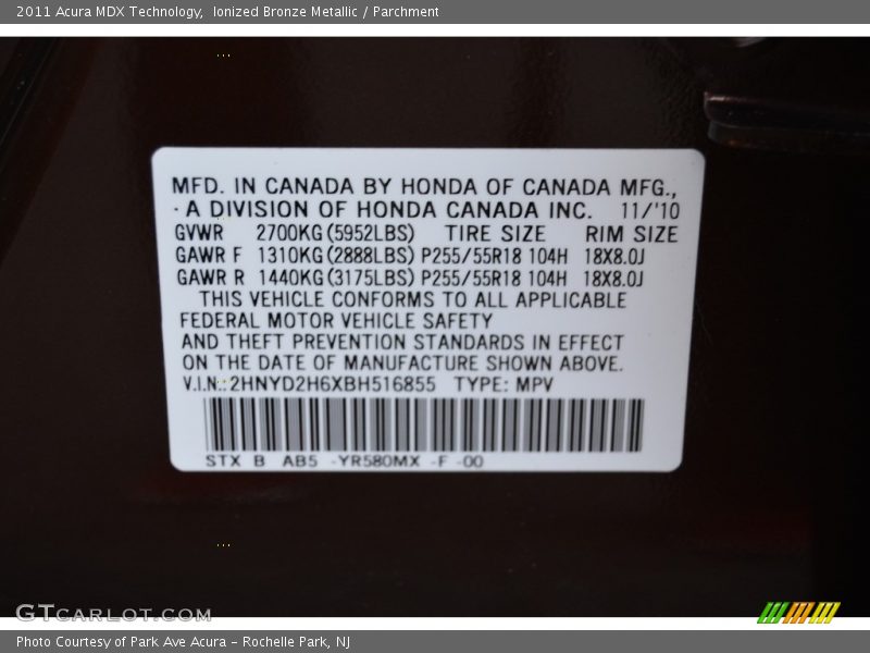 Ionized Bronze Metallic / Parchment 2011 Acura MDX Technology