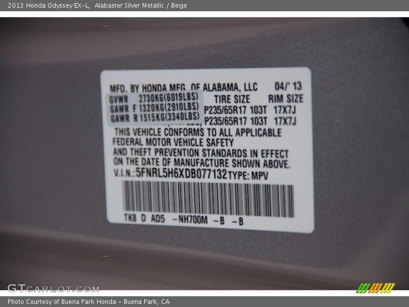 Alabaster Silver Metallic / Beige 2013 Honda Odyssey EX-L
